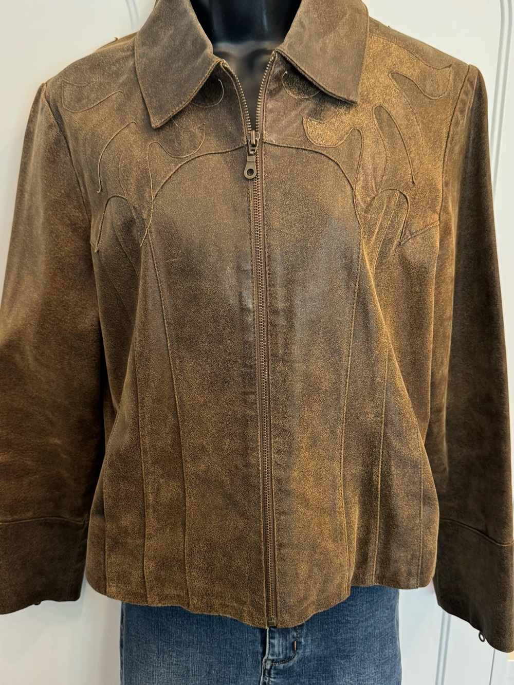 A.M.I. L Brown Suede Leather Western Jacket Flame Applique Zip Front Y2K